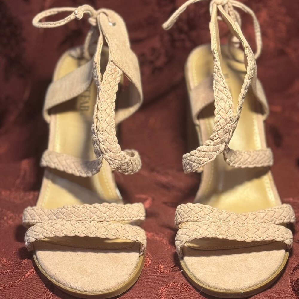 JustFab Light Pink Brenda Braided Strap Open Toe Wedge Heel